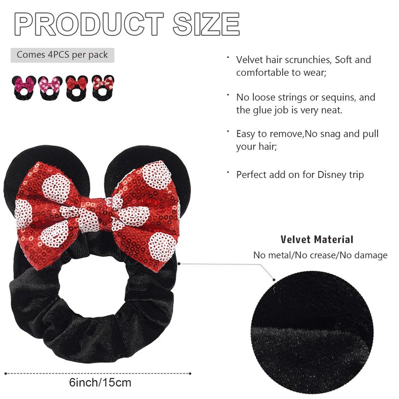 CellElection 4 Pack Mouse Ears Scrunchies Sequin Mouse Bows Velvet Hair Scrunchies Hair Ties Elastic Rubber Bands Ponytail Holders for Kids Women Girls - Image 2